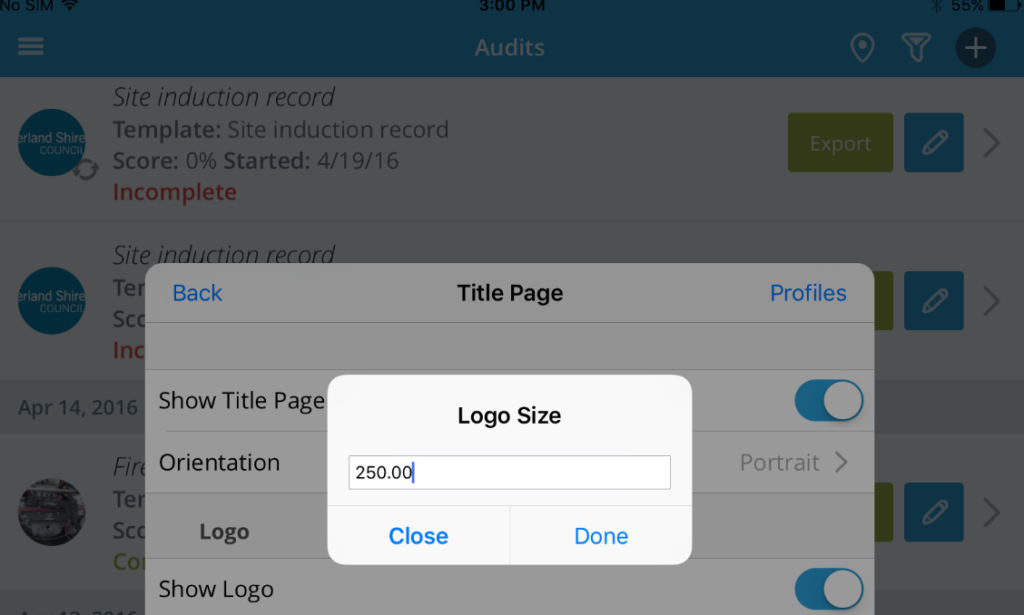 This image shows SafetyCulture users how to change the logo size in an audit when in the customization section of the reports